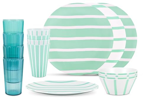 Thurlestone 16 Pcs Durable Camping/Picnic Dinner Set, 4 Pack of Plates, Bowls, Tumblers, Ridged Tumblers, BPA Free, Recycled and Recyclable Material