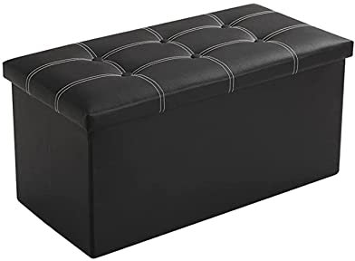 Klappbarer Ottoman-Bank aus schwarzem Leder mit Aufbewahrungsdeckel, wasserabweisend, Fußhocker, Sitzbox für Spielzeug, quadratisch, rechteckig, 763838 cm
