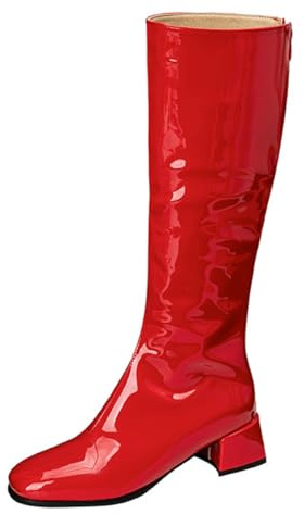 Wtharosa Stivali al Ginocchio Donna in Pelle Verniciata Tacco Medio Blocco Punta Quadrata Zip Laterale Stivali Lunghi per Cocktail & Serata Autunno Inverno Eleganti,Rosso,37 EU