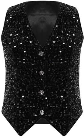 TiaoBug Damen Pailletten Weste Modern Slim Fit Anzugweste Kellnerweste Gilet Ärmelloses V Ausschnitt Top Tailliert Oberteile Business Disco Motto Party Outfit