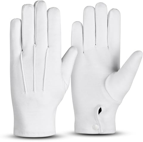 Hand Fellow Men’s Cotton Gloves – Soft, Breathable, Reusable Formal Gloves for Inspection, Costumes, Marching Band, Parade, or Dry Hands – Classic Fit with Snap Closure (White, Medium)