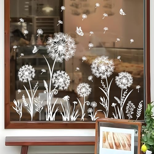Supzone Spring Summer Flowers Window Stickers White Dandelion Butterflies Window Decals Double-Sided Anti-Collision Window Clings for Home Office Classroom Decor