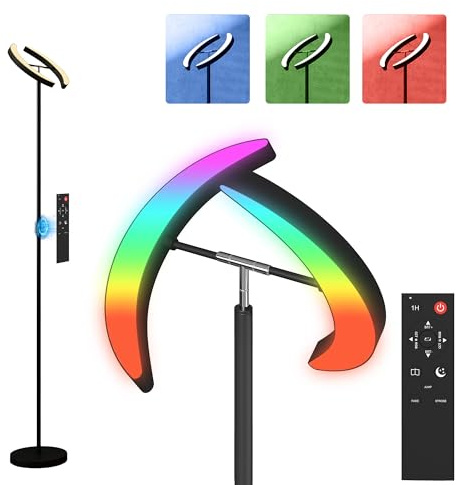 HOMCOM LED Stehlampe Wohnzimmer RGB Stehleuchte Dimmbar mit 350° drehbarer Doppelkopf, Fernbedienung, Touch-Steuerung, 4 Farbtemperatur, Timer 3100 lm 2700K-6000K Deckenfluter für Wohnzimmer, Büro