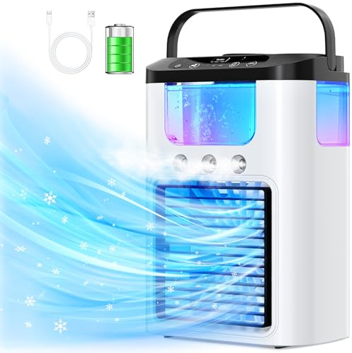 Mini Condizionatore Portatile, Batteria da 1200mAh con Serbatoio dell'acqua 600 ml, Funzione di Raffreddamento e Umidificazione, 3 Modalità, Luce Senza Fili a 7 Colori per Casa e Ufficio