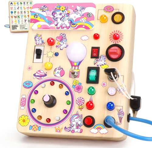 Konijiwa Enhörning Montessori Busy Board Träleksak från 1 år | Aktivitetsbräda från 2 år med 10 strömbrytare & 23 LED-lampor | Sensoriskt läsleksaker för 1-3 år flickor