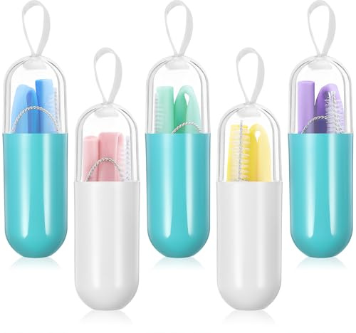 Homoyoyo Lot de 5 Sets de Pailles en Silicone Alimentaire Pliables et Réutilisables, 5 Couleurs Assorties Brosse de Nettoyage et Étui Portable, pour Boissons, Smoothies et