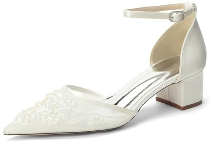 Yhsdfcn Eleganta pumps med broderade pärlor för dam, Satin högklackade skor med blockklack & vristrem, Vintage bröllopsskor för vigsel, fest, sommarbröllop och gala