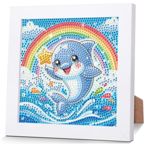 NEWENMO Feliz Delfín Diamond Painting con Marco,DIY Lindo Animal Diamond Painting para Niños,5D Kit de Pintura de Diamante,Dibujo de Diamantes Kits,Kit de Arte de Mosaico para Decoración Hogar