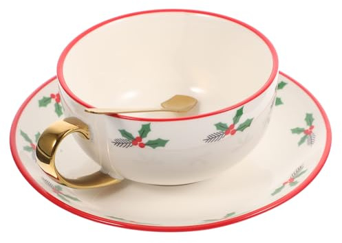 Operitacx Set di Tazzine da Caffè Natalizie in Ceramica Piattino e Cucchiaino, Design Semplice e Resistente la Famiglia a Natale