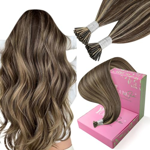 YoungSee 50g 20 Inches I Tip Hair Extensions Human Hair Brown Highlight Itip Hair Extensions Human Hair Dark Brown with Blonde Highlight Itips Human Hair Extension Stick Tip Hair Extension 50 Strands