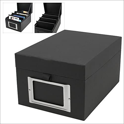 Postkarten- und Fotobox Black Edition: Box aus Karton schwarz mit Metallbeschriftungsetikett für bis zu 400 Karten oder Fotos im Format max. 16,5 x 13 cm