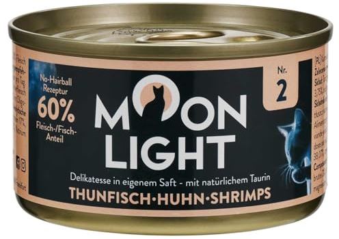 Moonlight Premium våtfoder för katter | kornfritt recept | Delikatess i egen juice | mycket köttinnehåll | (nr 2 tonfisk, kyckling och räkor – 80 g)