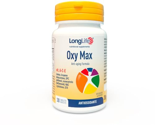 LongLife® Oxy Max | Selenio e vitamine A-C-E | Con luteina, licopene, betacarotene, OPC, resveratrolo, bioflavonoidi, NAC, L-glutatione e Q10 | Antiossidante | 30 tavolette | Vegano e senza glutine
