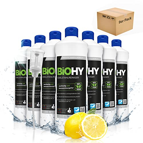 BiOHY Edelstahlreiniger (9 x 1 Liter) + Dosierer | Edelstahlpflege für streifenfreien Glanz | ideal für Küche, Töpfe oder Grill | Edelstahl reinigen in Gastronomie & Haushalt | pflegendes Putzmittel
