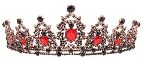 Minkissy Schwarze Krone mit Rot Kristall:Gothic Kronen für Frauen, Prinzessinnen & Königin Hochzeits-Tiara, Kopfschmuck für Halloween Kostüme, Braut Accessoires, Party Dekoration