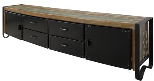 MASSIVMOEBEL24.DE | Industrial TV-Board aus Massivholz #106 aus Altholz mit Eisen - Mehrfarbig, lackiert 208x43x55 cm 4 Schubladen & 2 Türen Lowboard