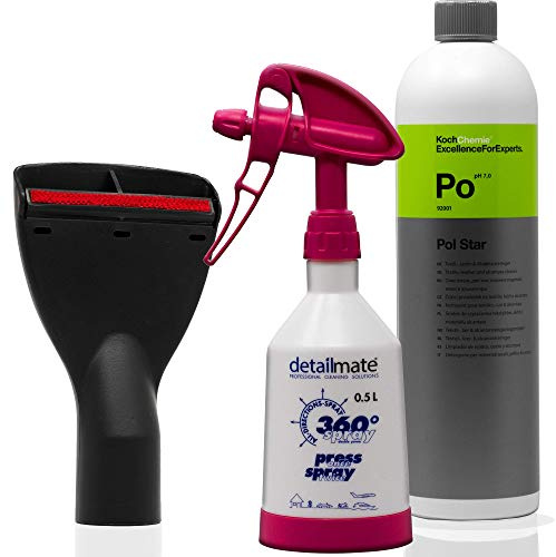 FixedByU Polsterdüse Staubsauger Düse 35mm mit Fadenheber 10 cm breit für Auto, Haushalt + Koch Chemie POL-Star 1L, detailmate Sprühflasche 0,5L (pink)