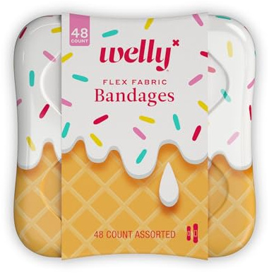 Welly Bandages | Adhesive Flexible Fabric Bravery Badges | Assorted Shapes for Minor Cuts, Scrapes, and Wounds | Colorful and Fun First Aid Tin | Ice Cream Patterns - 48 Count