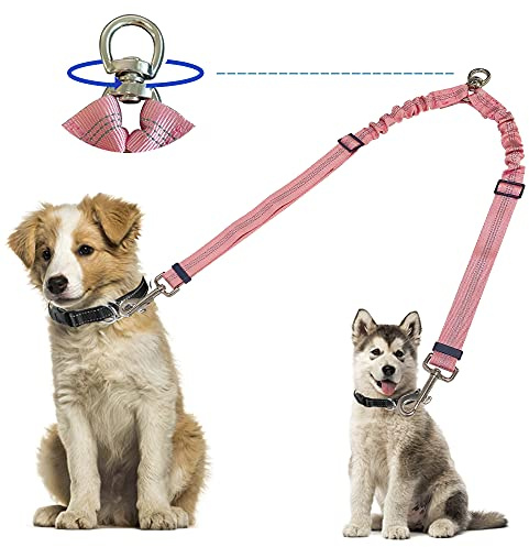 Kelivi Double Dog Lead Coupler, No Tangle 360°Swivel Rotation Two 2 Splitter, Heavy Duty Adjustable Bungee Reflective Dual Leash for Walking Medium Large (Pink)