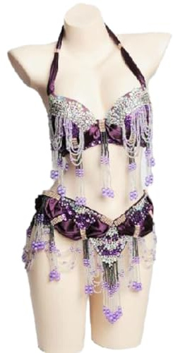 Tzdd Costumes De Danse du Ventre À Pampilles pour Femmes Festival De Carnaval Performance Tenues De Danseur Vêtements De Danse du Ventre Ensemble Soutien Gorge Et Ceinture De Danse Orientale,Violet,L