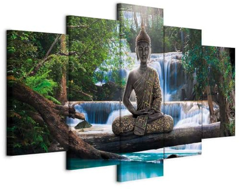 B&D XXL - Leinwandbild Wasserfall Baum Wald, 150x75 cm, 5-teilig, modern | Hochwertige Leinwand, sofort aufhängbar, ideal fürs Wohn- oder Schlafzimmer, wasserfest und lichtecht, langlebig, stilvoll