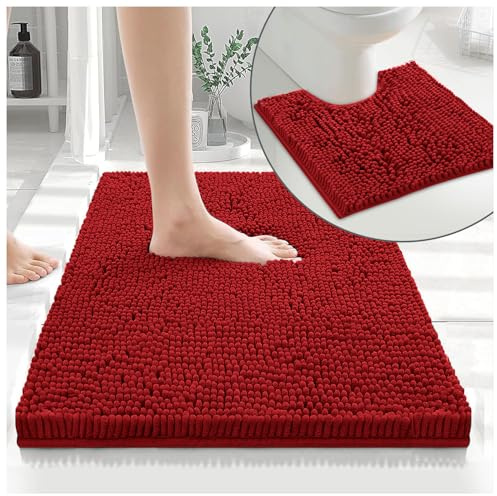GC GAVENO CAVAILIA Soft Bath Mat Sets For Bathroom | 2 Piece Bath Mat Non Slip Back | Highly Water Absorbent & Fast Drying 100% Microfiber Chenille Toilet Rug with Pedestal Mat | Deep Red