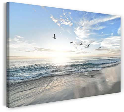 Printistico Leinwandbild (120x80cm) Meer, Möwen Vögel Natur Sonne, kühle Farbe, Natur-Fotos, echter Holz-Keilrahmen inkl. Aufhänger, handgefertigt in Deutschland