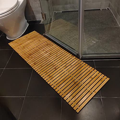 HJJKKH Badematte, Holz-Badematte, Rayon aus Bambus, 120 x 40 cm, rollbare, rutschfeste Bodenmatte, Holz-Duschmatte für Badezimmer, Badewanne, Spa, Sauna, Whirlpool und Außenbereich