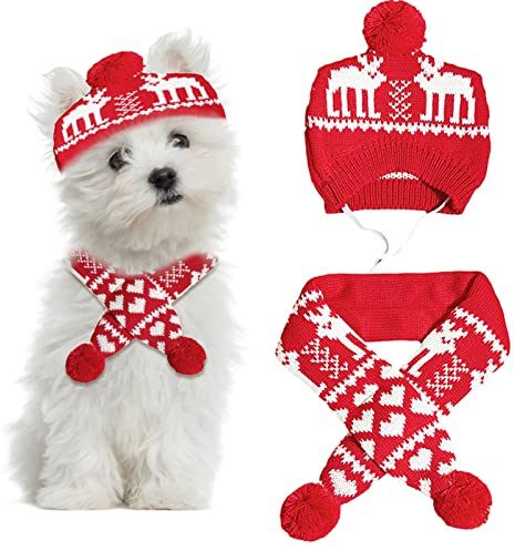 2 Stück Weihnachten Haustier Mütze Schal Set Gestricktes Haustier Halsband Winter Warm Doggy Mütze Welpe Katze Kostüm Zubehör für Kleine bis Mittlere Haustiere (Klein, Hirsch)