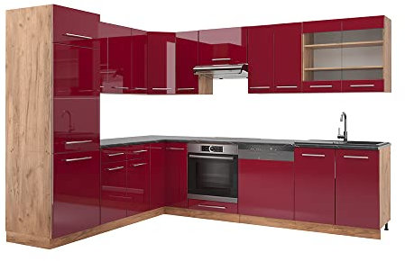 Vicco Eckküche Fame-Line, Bordeaux Hochglanz/Eiche, 287 x 227 cm
