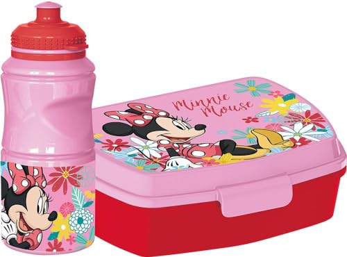 Tataway Disney Set borraccia da 380 ml e Sandwich Box rosa per bambini in plastica Minnie con banda antiscivolo e chiusura di sicurezza