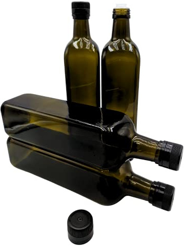 Devitre 4 Ölflaschen 750 ml aus Glas, mit integriertem Aussgießer aus Kunststoff und Etiketten