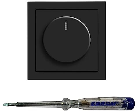 Busch Jäger 6523U-102 LED-Drehdimmer LED-Dimmer mit Dimmerscheibe Zentralplatte 6540-885-102 und Einfachrahmen in SCHWARZ MATT inklusive EBROM Phasenprüfer zur Montage des Dimmers