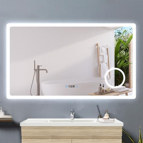 Acezanble Badspiegel mit Beleuchtung 160x80cm,LED Spiegel mit Uhr Touch Beschlagfrei 3-Fach Schminkspiegel,Badspiegel 3 Lichtfarbe Dimmbar mit Memory,Energiesparend Wandspiegel Lichtspiegel