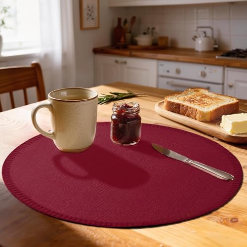 Rinpon Set di 8 tovagliette rotonde in tessuto, in lino rustico, lavabili in lavatrice, resistenti al calore, resistenti alle pieghe, in poliestere spesso, per tavolo da pranzo (borgogna)
