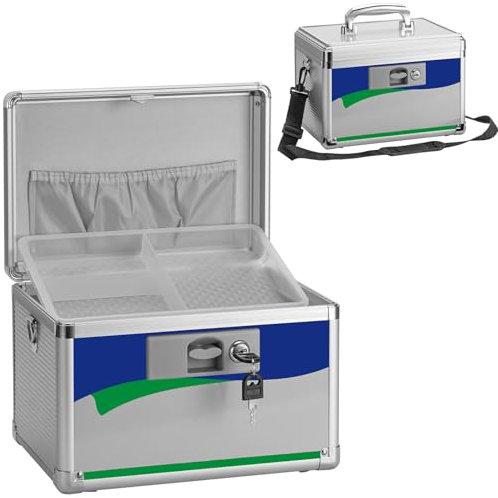 GODLONSEN Medikamenten Aufbewahrung, 29 x 19 x 19 cm Medikamentenbox mit Tragbarer Griff, Kindersichere Medikamentenbox mit Herausnehmbarem Fach, Abschließbare Box für Medikamente, Blau