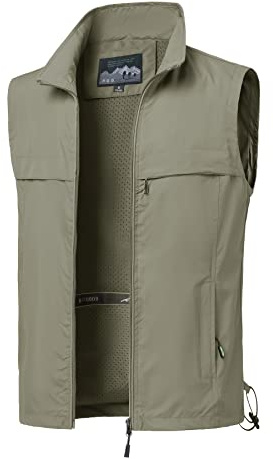 MeiLayM Uomo Gilet da Pesca All'aperto Multitasche Estivo ad Asciugatura Rapida con Zip Cachi XXL