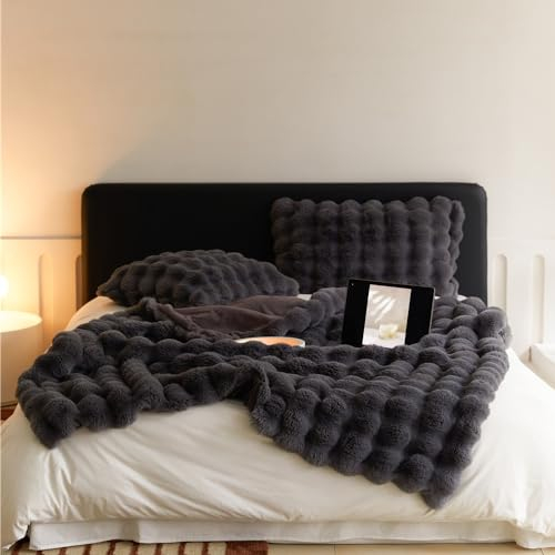 Lsimeru Bubble Decke Grau Kuscheldecke Flauschige Kaninchen Plüsch Decke Fellimitat Doppelseitige Fuzzy Kuschelig Decke Supersoft Kunstfelldecke Wohndecke Sofadecke Tagesdecke 130x160