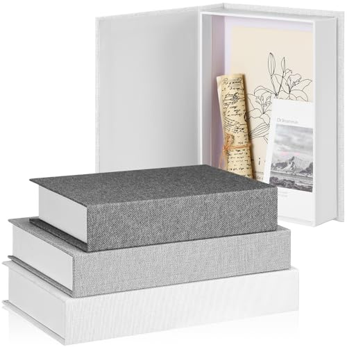 Tioncy, 3 Stück neutrale Leinen-Buchbox, dekorativ, Aufbewahrungs-Attrappen, moderne Landhausdeko für Bücherregal, Tisch, Fotos und Erinnerungsstücke (verschiedene Größen, Grautöne)