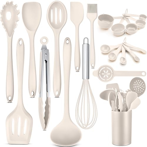 HaWare Utensilios de cocina, 21 unidades, de silicona, resistentes al calor, utensilios de cocina con soporte para utensilios, antiadherente, para cocinar, hornear, apto para lavavajillas, caqui
