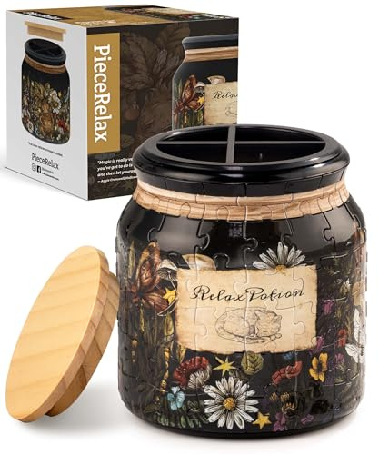 PieceRelax 3D Puzzle Jar 96 Plastic Pieces for Adults - Relax Potion - Use Includes Divider as Pen and Utensils Holder with Wooden Lid, Home Decor & Creative Gift for Mum and Women [BB1041]