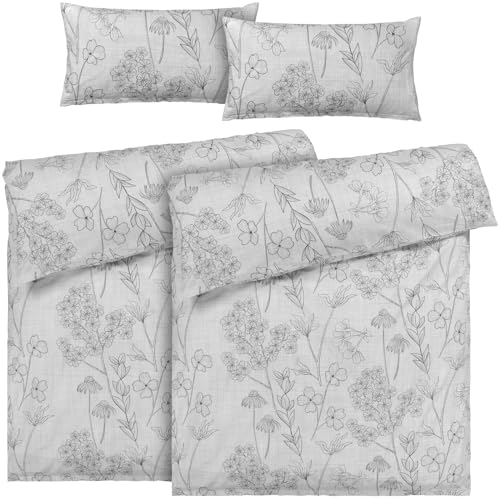 Pure Label Blumen Bettwäsche 4teilig 135x200 cm mit einem 2er Set Kissenbezüge 40x80 cm - Traumhaft weiches Bettwäsche-Sets 135 x 200 cm in grau aus 100% Baumwolle mit YKK Reißverschluss
