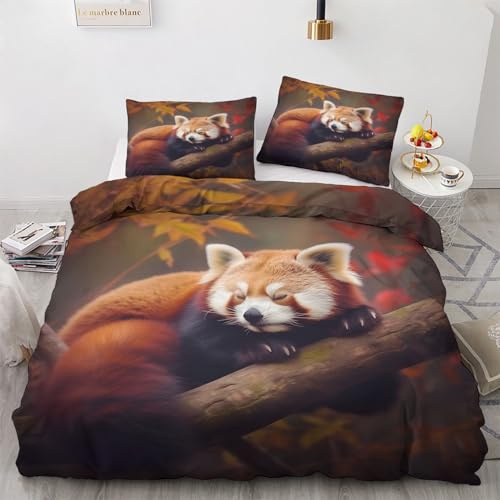 Generisch Roter Panda Geschenk - Roter Panda Bettwäsche 135x200 Sommer, Tiere Bettbezug 135 x 200 2er Set mit Kissenbezug 80x80, Weiche Mikrofaser Sommerbettwäsche mit Reißverschluss