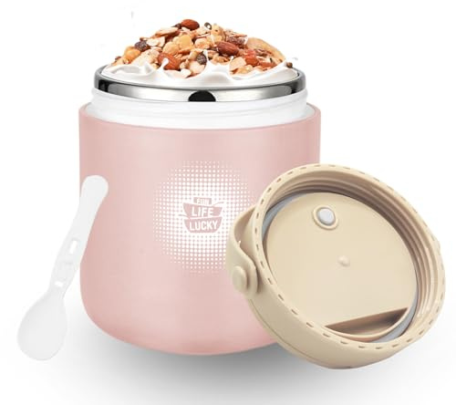Chedin Thermobehälter für Essen, isolierter Edelstahl Joghurtbecher, 430ml Auslaufsicher joghurtbecher to go mit löffel und Deckel,Thermo-Essensbehälter, perfekt für Suppen, Speisen, Müsli (1-Rosa)