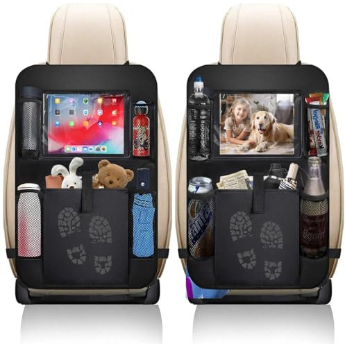 mymai 2pcs Autositz Organizer Kinder Rücklehnenschutz, Wasserdichter Auto Rückenlehnenschutz mit Multifunktionale Tablet Großem Staufach Spielzeug Snacks, Reisen und Familienfahrten (Schwarz)