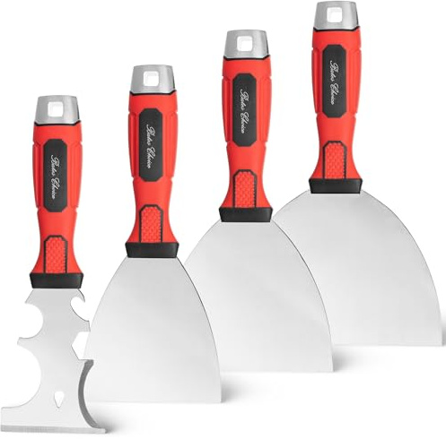 Bates- Putty Knife Set, 4 Pack, Stainless Steel, 4 5 6 & 10 in 1 Multi Purpose Painters Tool, Soft Grip Handle, Hammer End, Spackle Knife, Metal Paint Scraper Tool, Wall Scraper