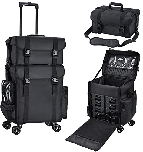 Kosmetik Trolley mit 8 Schubladen Kosmetikkoffer Make up Koffer Professioneller Friseurkoffer 2 in 1 Schminkkoffer mit Rollen Nagelkoffer Beauty Case Visagistenkoffer Nageldeaign Koffer,Schwarz