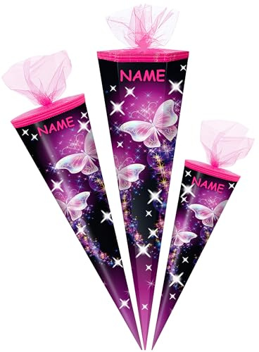 alles-meine.de GmbH Schultüte - Schmetterling & Sterne 50-85 cm Größe wählbar inkl. Name - Zuckertüte - Tüllabschluß - eckig/rund - Mädchen - klein & groß - Geschenktüt..