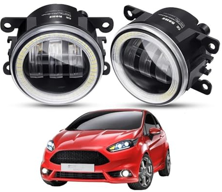 Fari Anteriori 2 Pezzi Angelo Occhio Fendinebbia Montaggio Per Ford Per Fiesta 2001-2015 Auto Paraurti Anteriore LED Lente Nebbia Lampada Guida DRL 30W 6000LM 12V Fanale Proiettore(White and White)