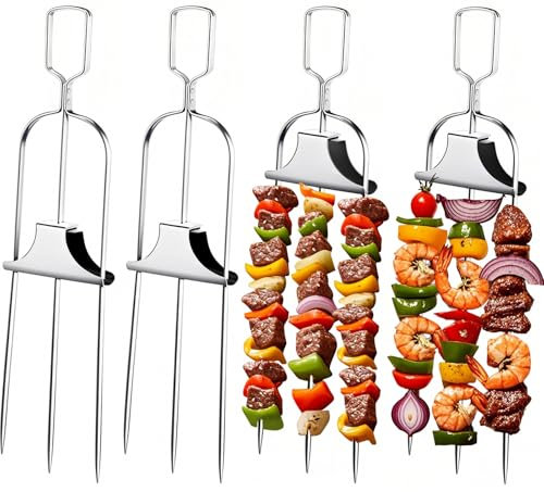 4PCS Kabob Skewers for Grilling,3 Prong metal skewers for kabobs With Push Bar,14'' Grill Skewers,Reusable Stainless Steel Skewer,Kabob Sticks BBQ Accessory for Meat Veggies Fruits,Camping Accessories
